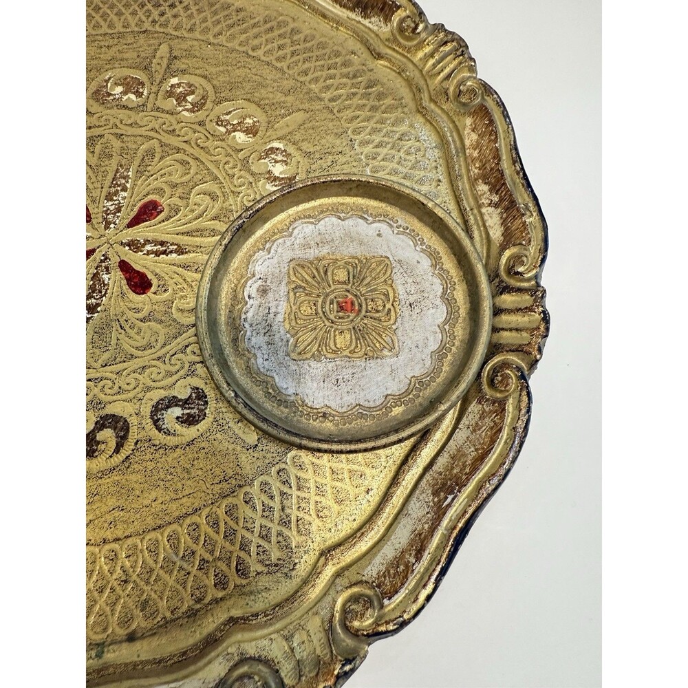 Vtg Italian Gold Florentine Wood Serving Tray Red Blue Toleware 11" Hand painted - Picture 3 of 15
